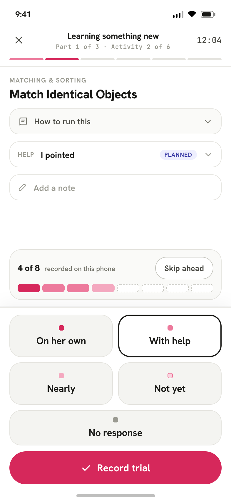 Recording a try in Kuribo: five buttons for how it went — On her own, With help, Nearly, Not yet, No response — and a Record trial button.